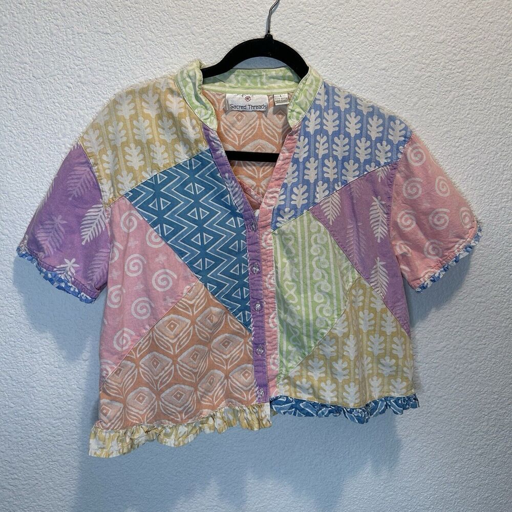 Boho Batik Patchwork Button-up Short-Sleeve Crop Top Women Sz Large Cottage Core